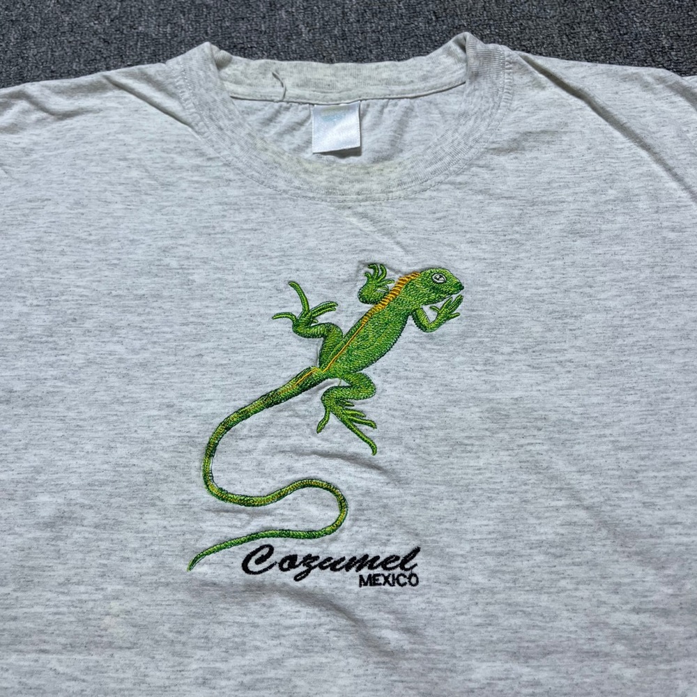 Vintage Cozumel Mexico Iguana T Shirt 2XL Gray Heather Embroidered 90s Souvenir - Picture 8 of 10